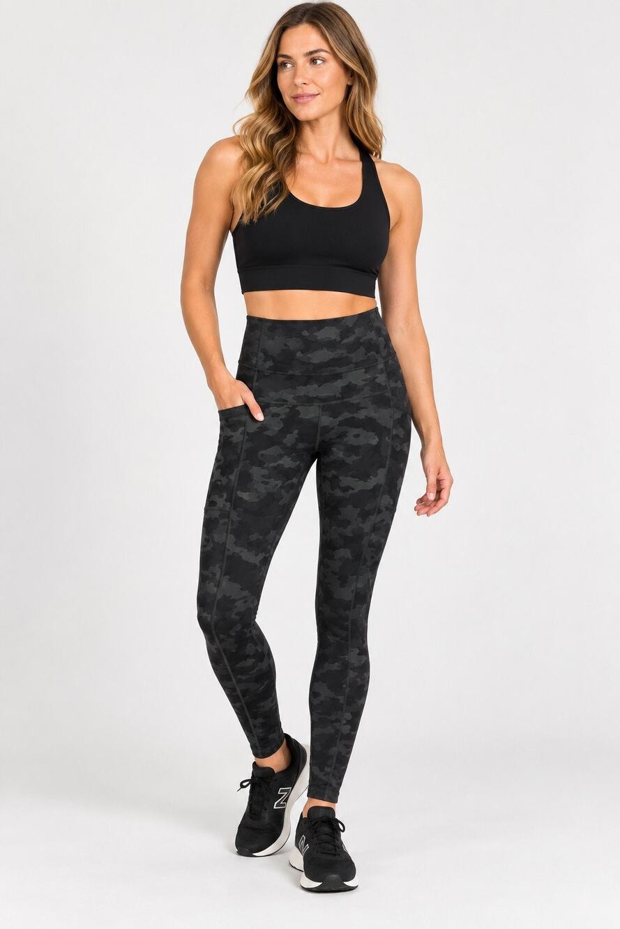 Danskin Women’s Medium Black Camo High Rise Leggings Side Pockets Yoga Athletic